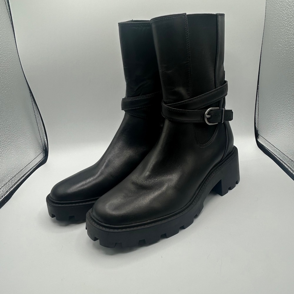 Franco Sarto Emerson Black Leather Lug Sole Moto Ankle Boots Womens 8M A-EMERSON
